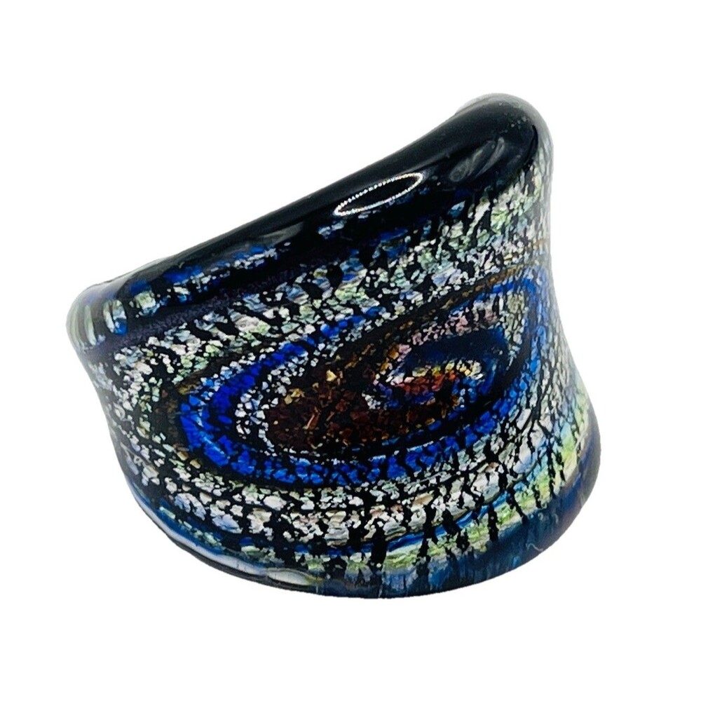 Hand Blown Glass Ring Sz 6.25 - 6.5 Black Swirl Metallic Wide Art Venetian Style